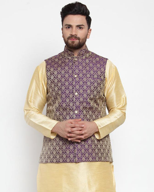 Jompers Men Purple-Coloured & Golden Woven Design Nehru Jacket