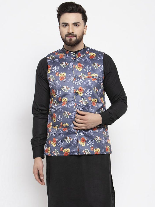 Jompers Men Grey Printed Satin Nehru Jacket