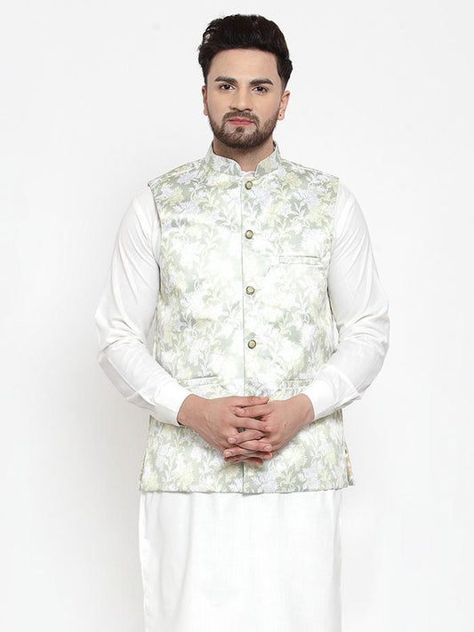 Jompers Men's Lime-Green Printed Satin Nehru Jacket