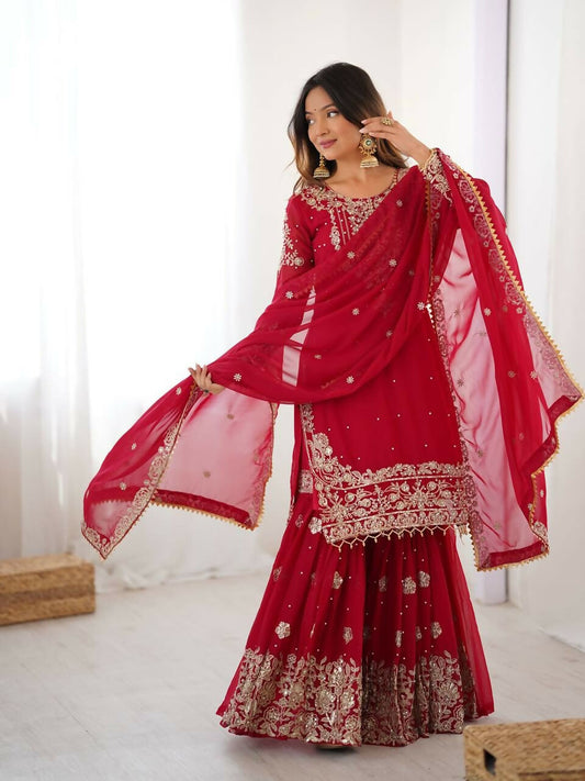 Teeya Creation Red Color Faux Georgette Embroidery Work Wedding Wear Sharara
