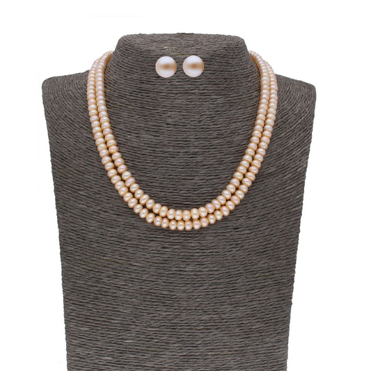 J Pearls 2 Line Button Peach Pearl Set - Real Pearl Jewelry - Grab2buy