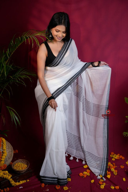 khanduapata White and Black Colour Plain Cotton Saree For Women