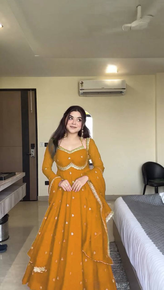 Evanik Yellow Faux Georgette With Embroidery Sequence Work Anarkali Suit