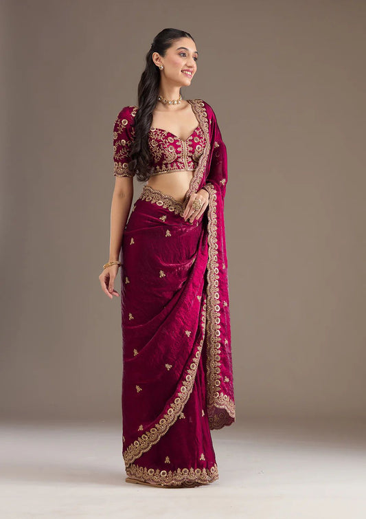 Evanik Ranipink Fendy Satin Silk With Sequence Work Saree With Unstitched Blouse