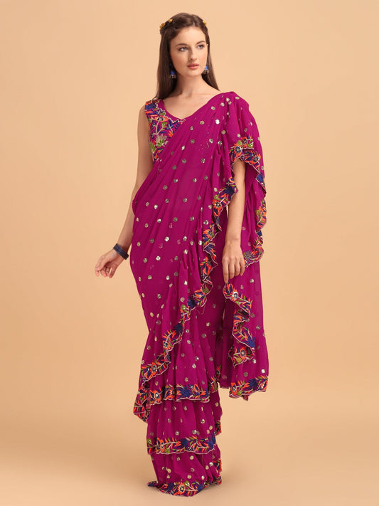 Evanik Rani Pink Embroidered Work Ruffled Saree With Unstitched Blouse