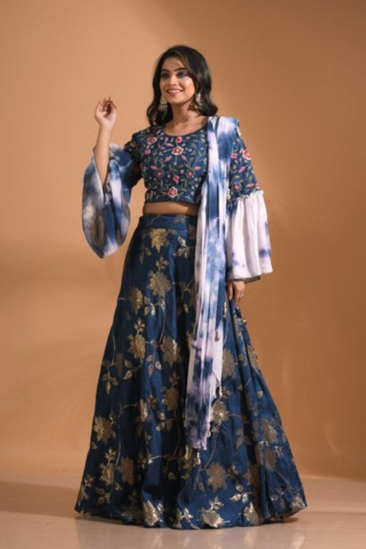 Morchari Crop Top With Tie & Dye Dupatta Hand Embroidery - Blue
