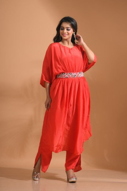 Morchari Kaftan Set With Pant - Red