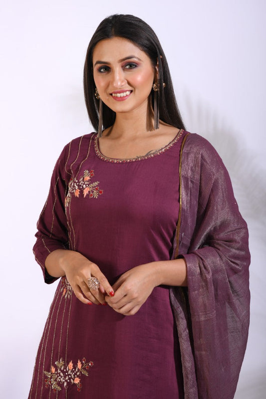 Morchari Palazzo With Long Pant & Dupatta With Hand Embroidery - Maroon