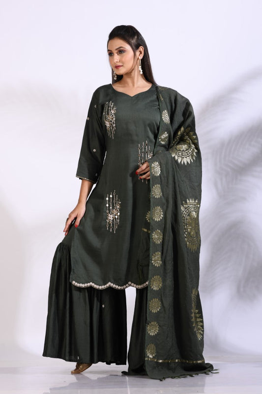 Morchari Sharara With Pant & Dupatta With Hand Embroidery - Green