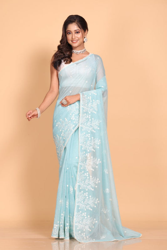 Morchari Cotton Supernet Embroiedery Saree - Sky Blue
