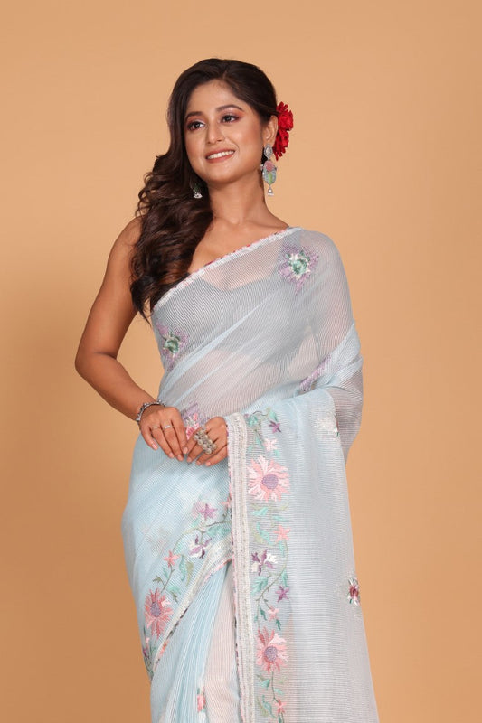 Morchari Cotton Kota Stripe Embroidery Saree - Sky Blue