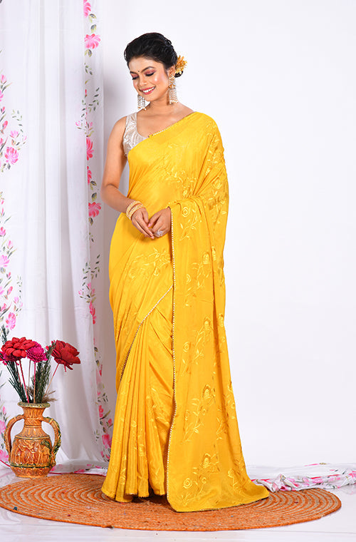 Morchari Heavy Embroidery Saree - Musterd