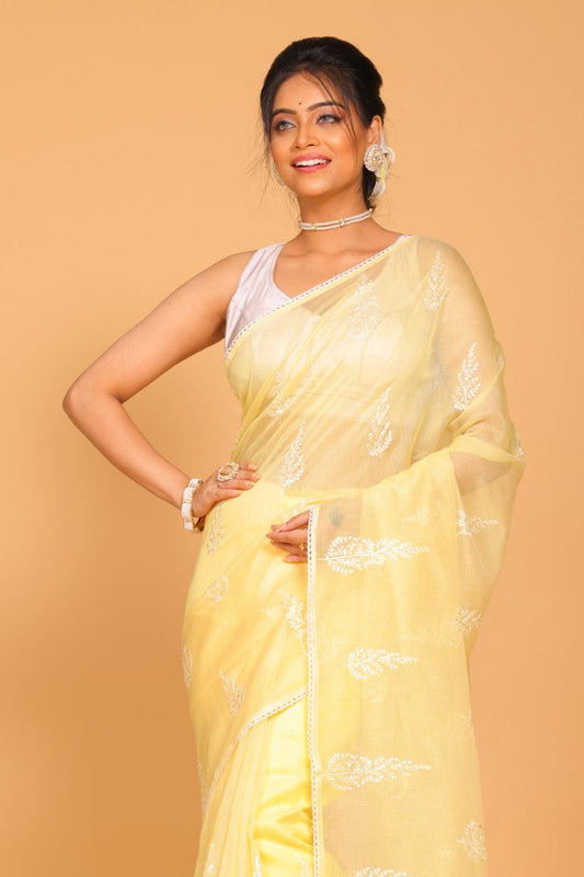 Morchari Cotton Supernet Embroiedery Saree - Yellow