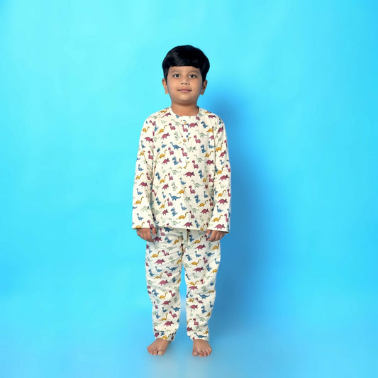 Breathables Kids Cotton Dinosaur Print Night Suit – Cream Full Sleeves Kurta & Pants Co-Ord Set | Boys & Girls Nightwear & Loungewear