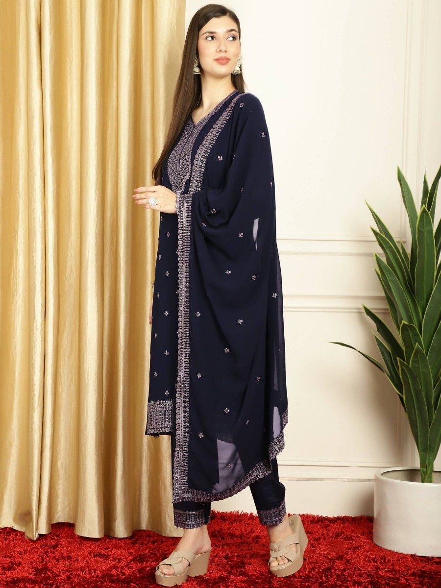 Aastha Fashion Women's Navy Blue Georgette Resham Thread & Sequin Kurta with Trouser & Dupatta - Grab2buy