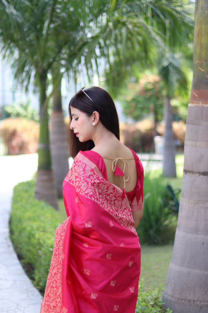 Aastha Fashion Rani Pink Woven Handloom Raw Silk Saree with Blouse - Grab2buy