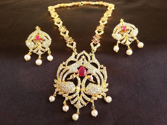 AD Ruby Peacock Necklace Set Grab2Buy Mokshi Collections Grab2Buy