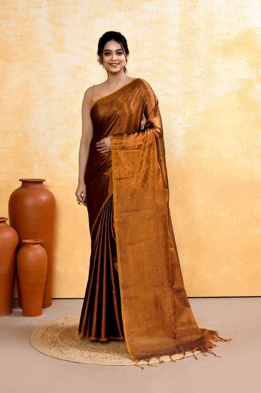 Piyari Fashion Women's Copper Dual Tone Organic Tissue Saree With Blouse Piece