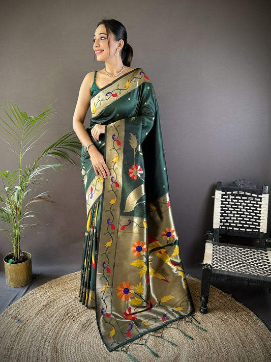 Joban Fashion Green Zari Woven Floral Motifs Soft Silk Paithani Silk Saree
