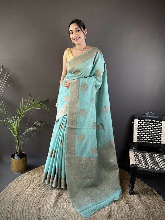 Joban Fashion Sky Blue Floral & Paisley Linen Silk Banarasi Saree
