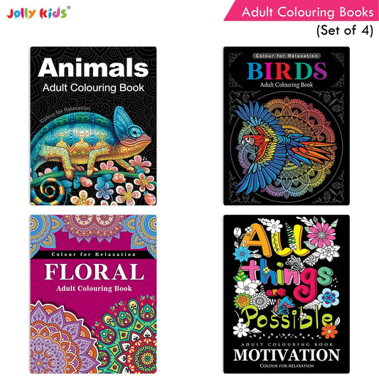 Jolly Kids Adult Colouring Books Set of 4|Adults Colouring Book: Stress Relieving Designs Floral, Animals, Birds & Motivational Quotes Colouring Books