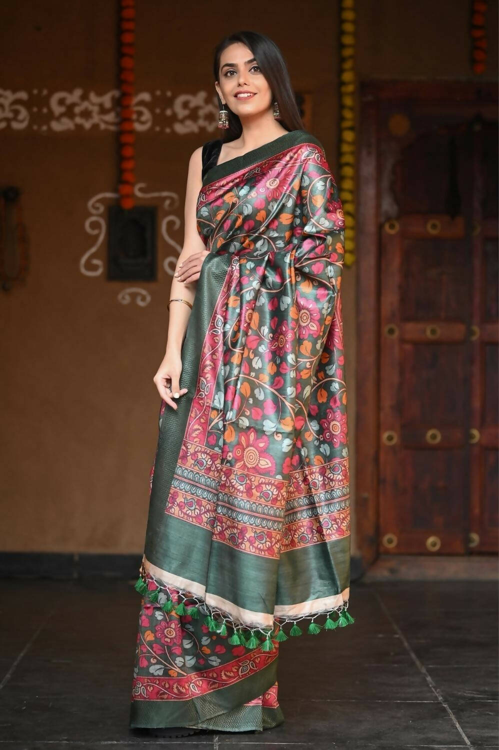 Very Much Indian Handloom Pure Tussar Silk With Floral Prints - Green - Grab2buy