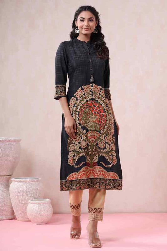 Juniper Black Liva Rayon Printed Straight Kurta