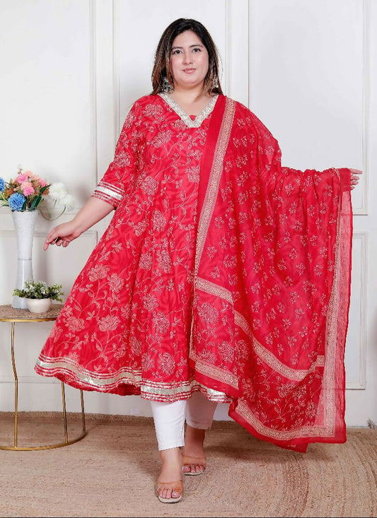 Miravan Plus Size Women'S Red Embroidered Anarkali Kurta And Dupatta