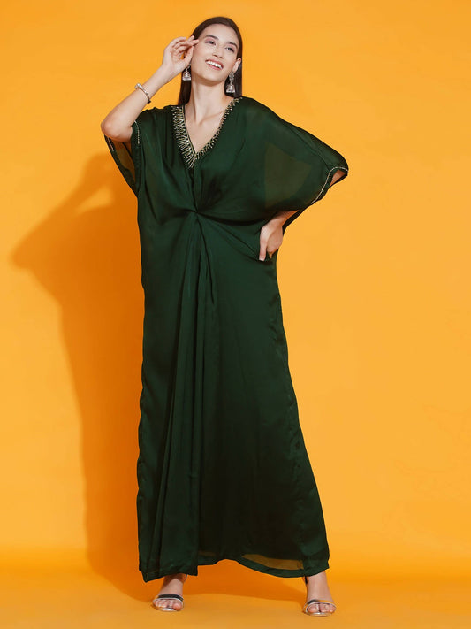 Women Republic Green Georgette Hand Embellished Kaftan Style Gown - Grab2buy