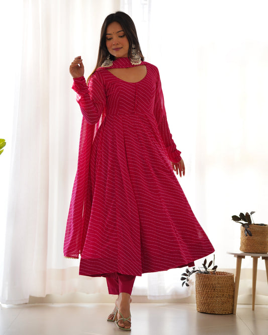 Teeya Creation Rani Abstract Leheriya Print Faux Georgette Anarkali Gown With Pants And Dupatta