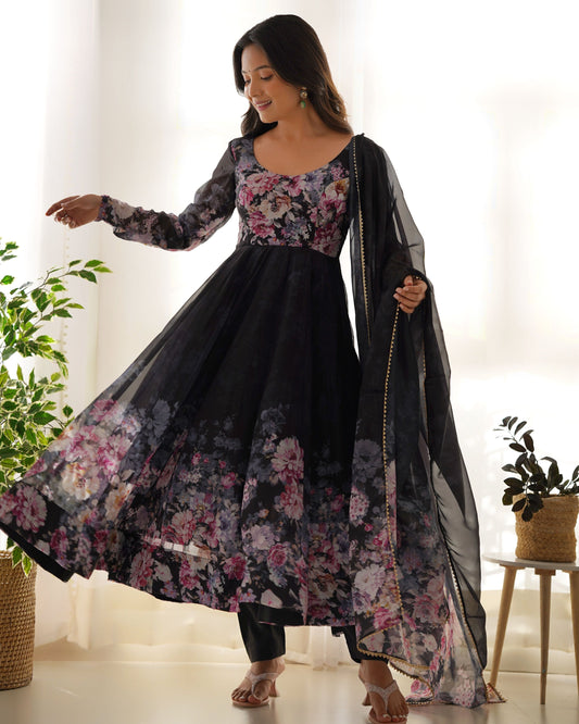 Teeya Creation Black Color Digital Print Soft organza Anarkali With Pants And Dupatta