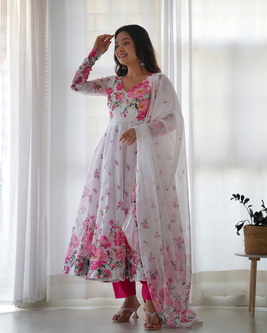 Teeya Creation White Color Digital Print Soft organza Anarkali With Pants And Dupatta
