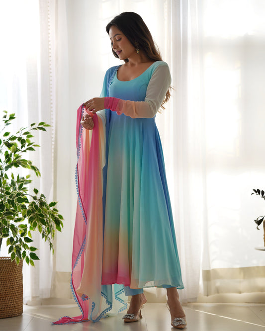 Teeya Creation Multicolor Abstract Print Faux Georgette Anarkali Gown With Pants And Dupatta