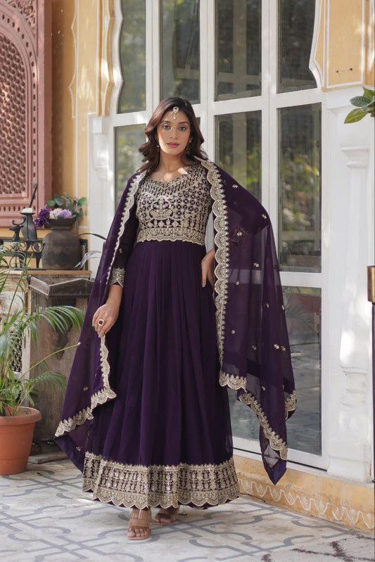 Teeya Creation Purple Color Faux Georgette Heavy Embroidery Work Fully Stitched Gown