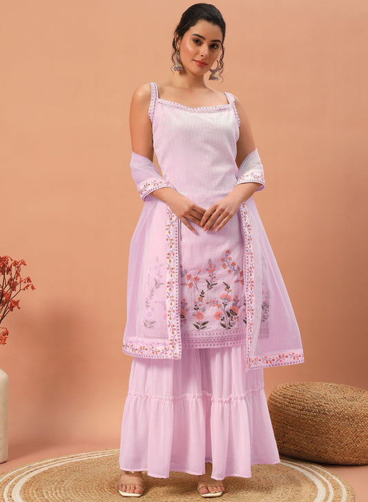 Teeya Creation Pink Color Faux georgette Heavy Embroidery Work Fully Stitched Sharara Set