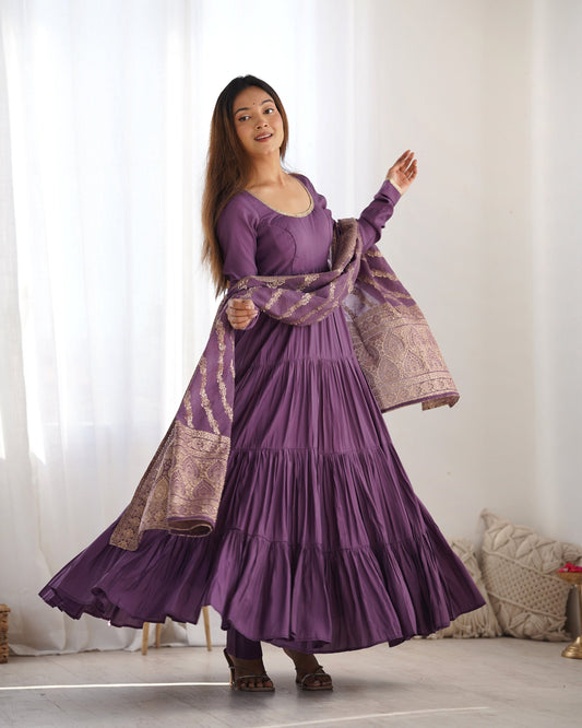 Teeya Creation Violet Color Pure Roman Silk Chanderi Fully Flared Anarkali Gown