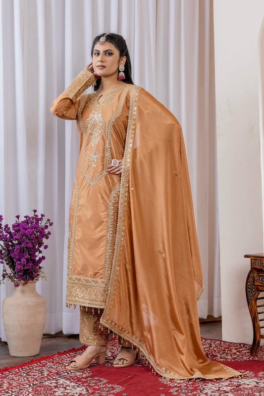Teeya Creation Peach Color Chinon Silk Heavy Embroidery Work Fully Stitched Salwar Suit