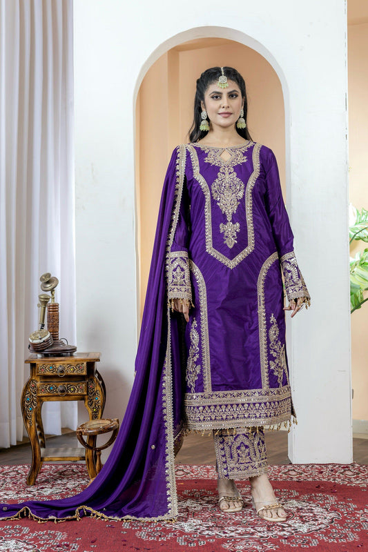 Teeya Creation Purple Color Chinon Silk Heavy Embroidery Work Fully Stitched Salwar Suit