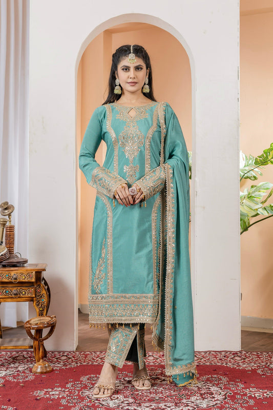 Teeya Creation Turquoise Color Chinon Silk Heavy Embroidery Work Fully Stitched Salwar Suit