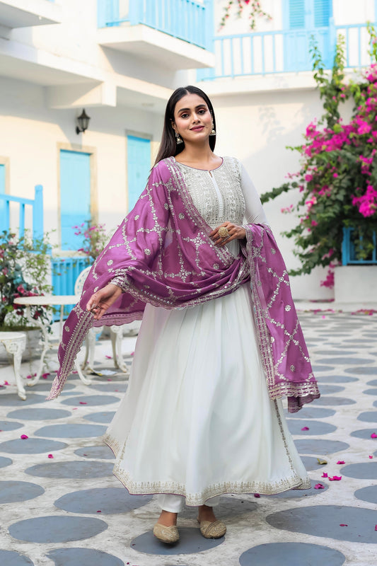 Teeya Creation White Color Chinon Silk Heavy Embroidery Work Fully Stitched Gown