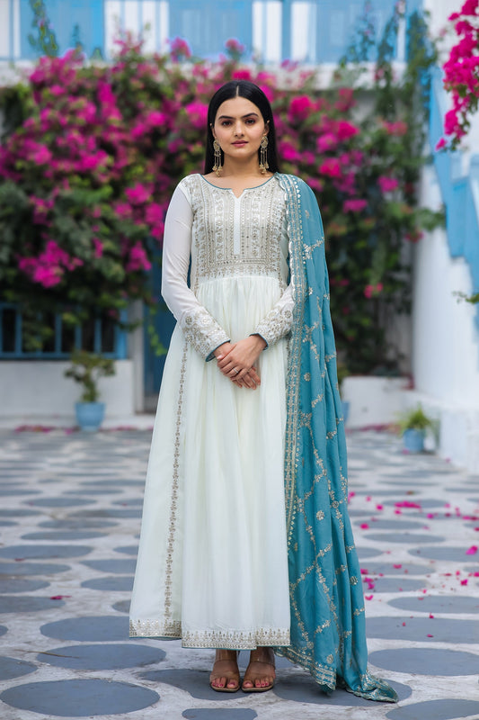 Teeya Creation White Color Chinon Silk Heavy Embroidery Work Fully Stitched Gown