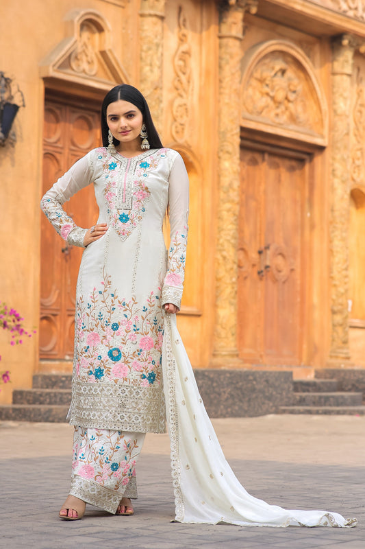 Teeya Creation White Color Chinon Silk Heavy Embroidery Work Fully Stitched Salwar Suit