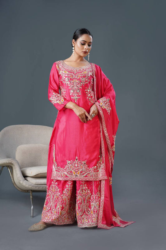 Teeya Creation Pink Colour Chinnon Silk Heavy Embroidery Work Fully Stitched Palazzo Pair