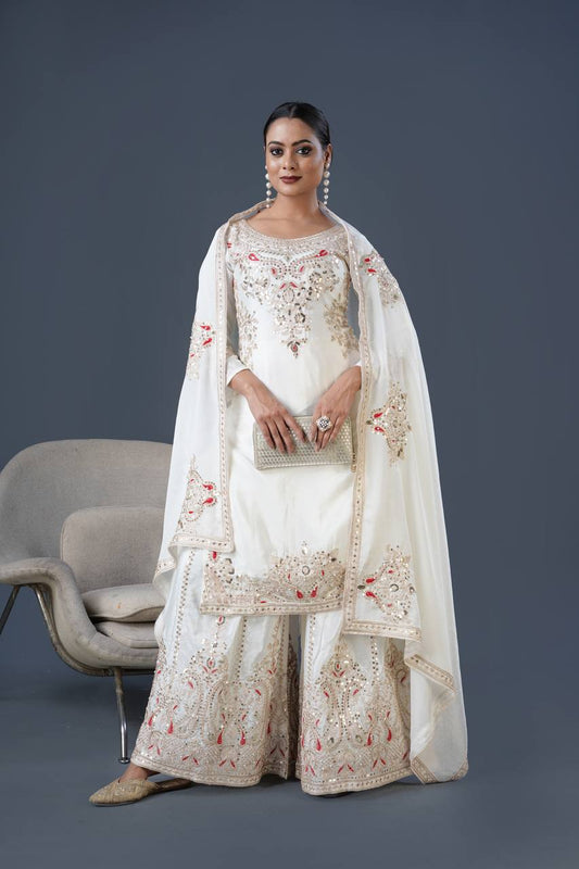 Teeya Creation White Colour Chinnon Silk Heavy Embroidery Work Fully Stitched Palazzo Pair
