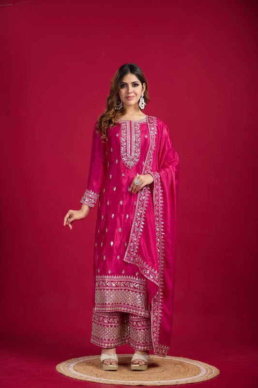 Teeya Creation Pink Colour Chinon Silk Heavy Embroidery Work Fully Stitched Salwar Suit