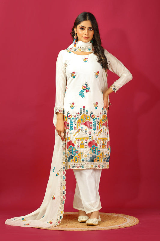 Teeya Creation White Colour Chinon Silk Heavy Embroidery Work Fully Stitched Salwar Suit