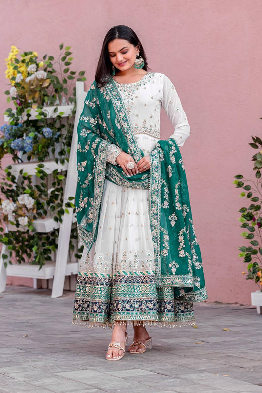 Teeya Creation White Colour Faux Georgette Heavy Embroidery Work Fully Stitched Gown