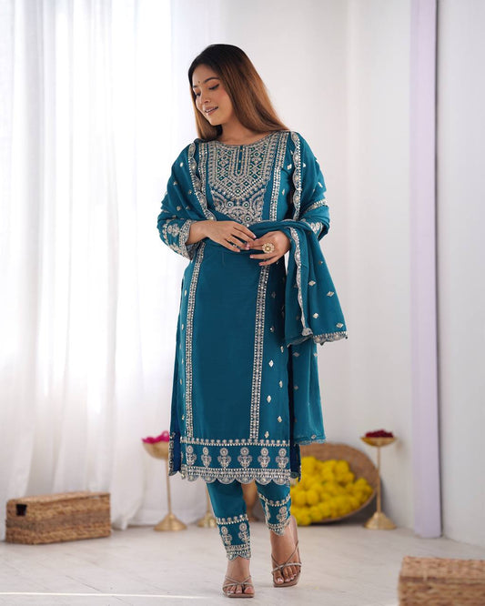 Teeya Creation Teal Colour Chinon Silk Heavy Embroidery Work Fully Stitched Salwar Suit