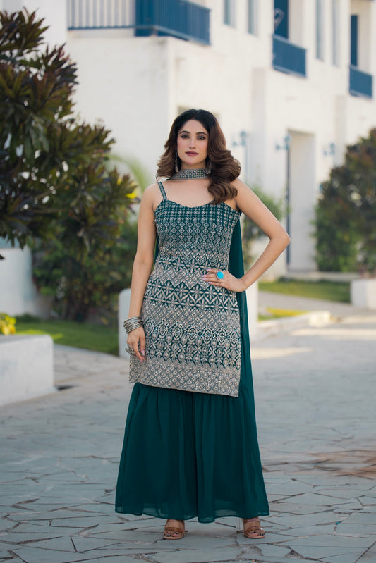 Teeya Creation Teal Color Georgette Heavy Embroidery Work Pakistani Style Fully Stitched Salwar Suit