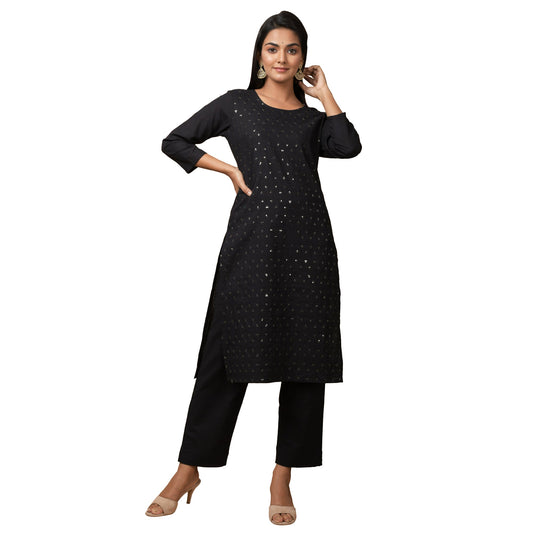 Kaajh Women's Black Solid Sequin Embellishment Kurta